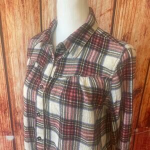 Free People plaid button down shirt women's size Small red cream black SOFT!
